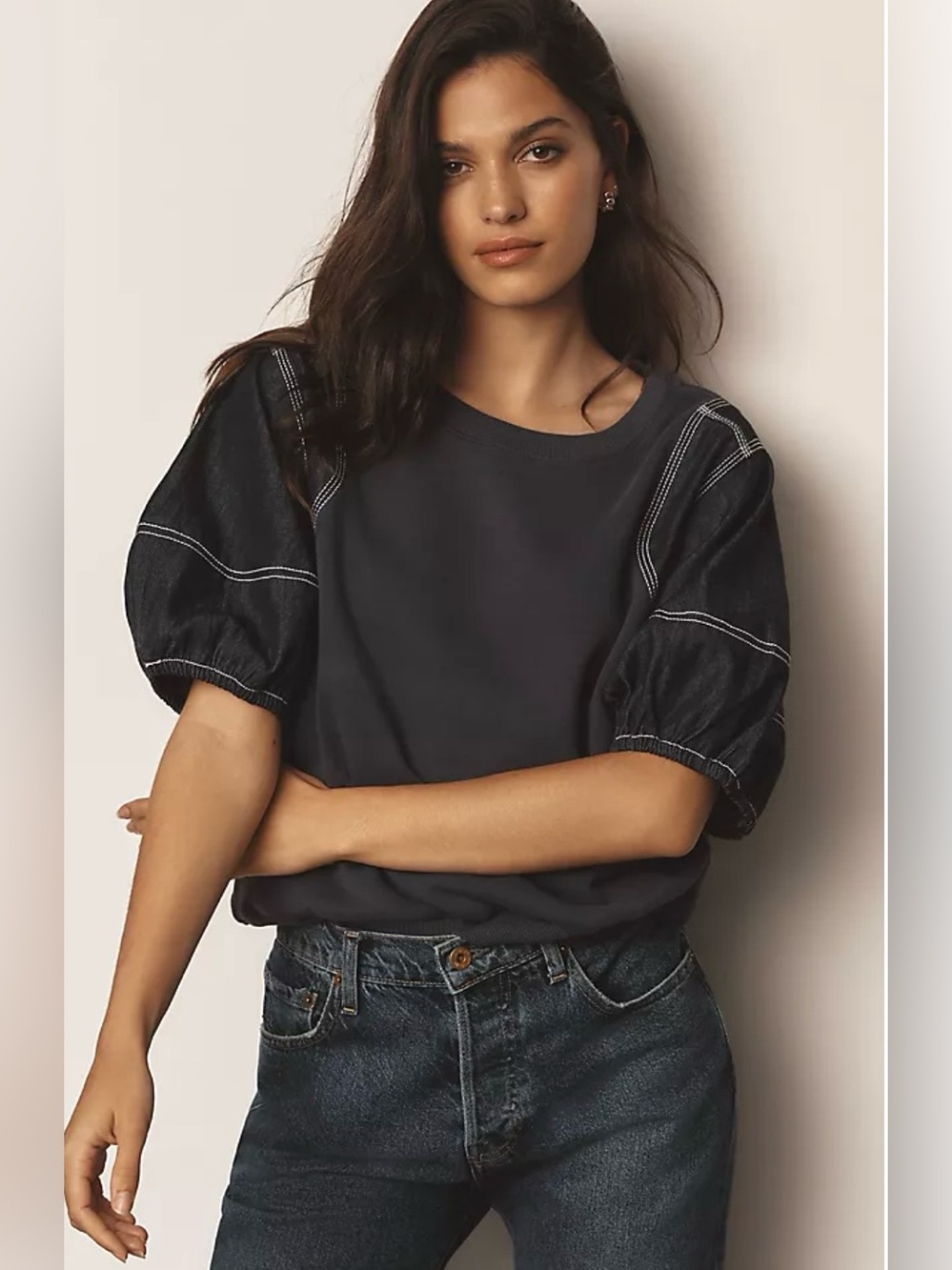 Anthropologie Pilcro Charcoal Puff-Sleeve Crewneck Sweatshirt
